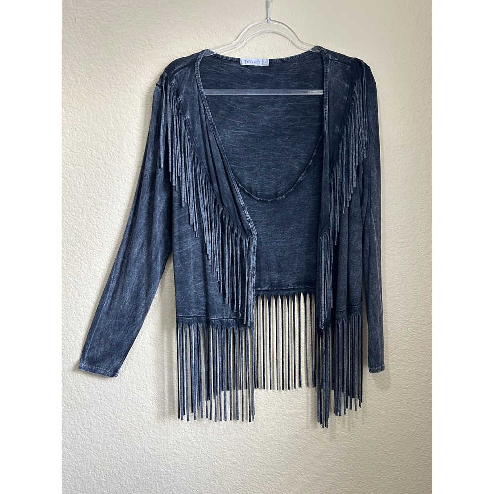 T Party Small Gray Mineral acid Wash Fringe country‎ rockabilly Cardigan Cowgirl